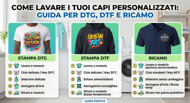 Come lavare i tuoi capi personalizzati: guida per DTG, DTF e ricamo